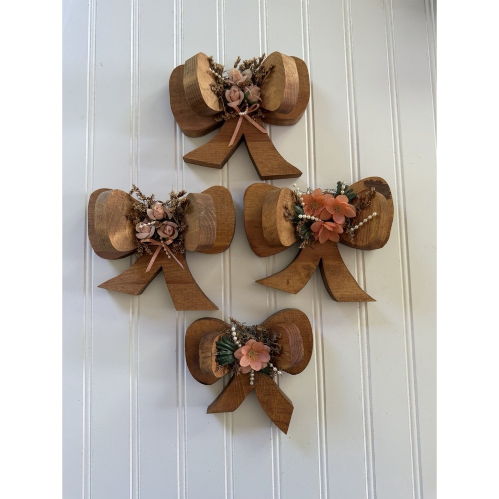 Vintage 80s Wooden Bow Wall Decor Floral Cottagecore Grandma  Country 4 pc Set